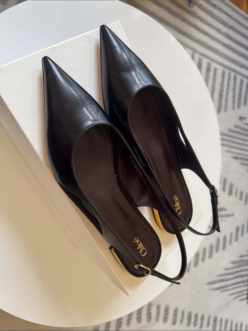 Chloe Black Leather Pointed-Toe Slingback Flats